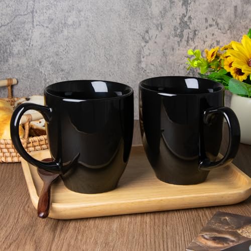16 oz Black Ceramic Coffee Mugs Set of 2 (Black)