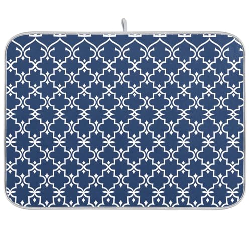 Super Absorbent Dish Drying Mat Microfiber Fast (Navy Blue Moroccan Mandala / 16" x 18")