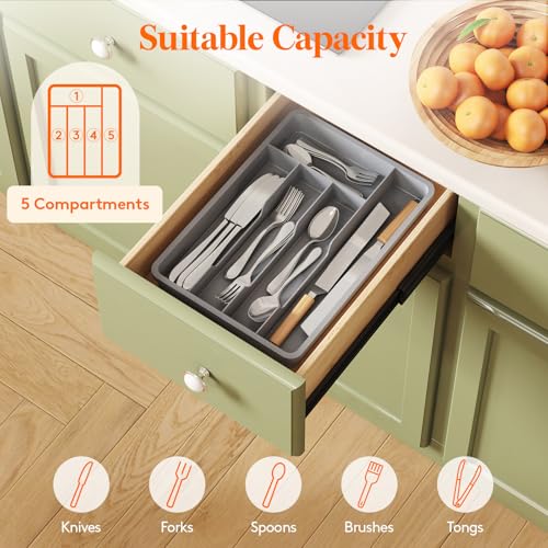 Silverware Drawer Organizer Tray (Gray / 9.5 x 13.4 inch (5 Slots))