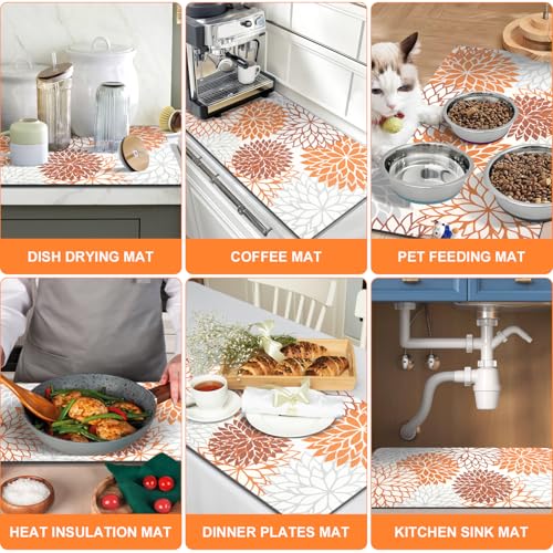 2Pcs Fall Dish Drying Mat & Sink Splash Guard (Orange / 16" X 24" + 24" X 5.5")