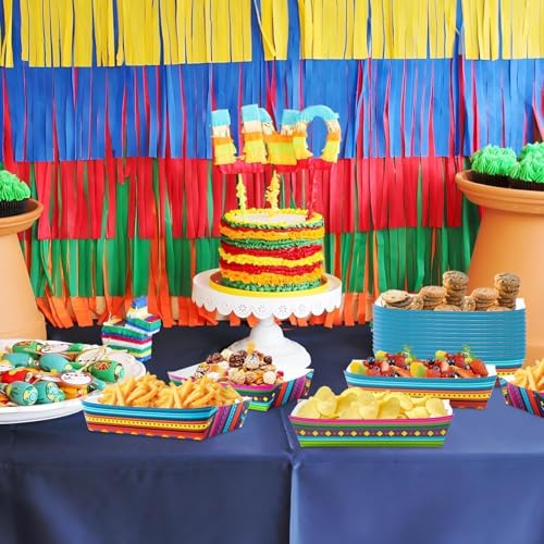 Mexican Taco Nights Food Trays 100Pcs Mexican Nacho Popcorn Unassembled Trays Snack Candy Holder Disposable Paper Plates Holiaday Carnival Party Supplies Concession Stand Food Containers (Mexican Blue)