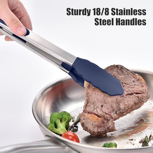 Kitchen Tongs with Silicone Tips for Cooking Serving (Set of 2 (9+12in) / Navy Blue)
