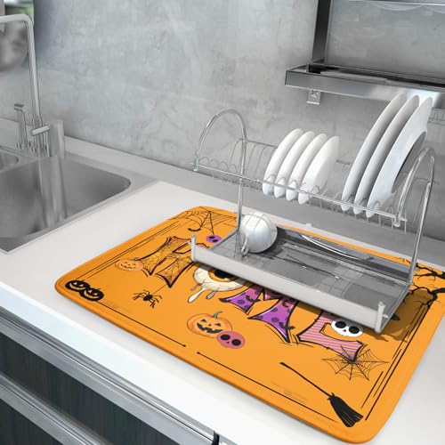 Orange Halloween Dish Drying Mat for Kitchen Counter Home Decor Pad (Funny Home Orange / 24" x 18")