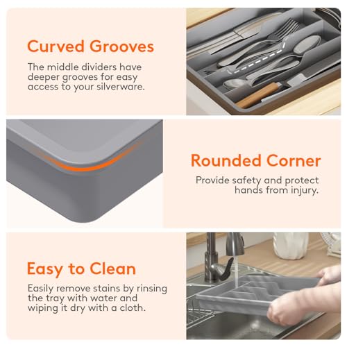 Silverware Drawer Organizer Tray (Gray / 9.5 x 13.4 inch (5 Slots))