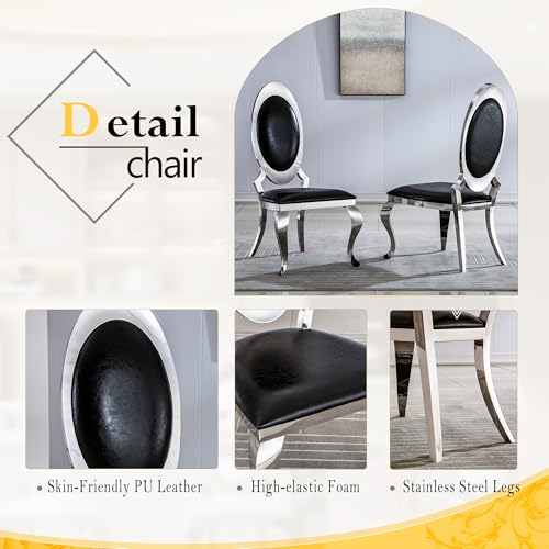 7 Piece Luxury Dining Room Set (Silver White + Black / Dining Table + 6 Oval Chairs)