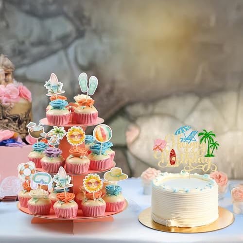 37Pcs Summer Beach Pool Cupcake Toppers Glitter Beach Happy Birthday Cake Topper Ball Sun Umbrella Water Gun Cupcake Picks for Tropical Hawaii Theme Birthday Party Decorations Supplies Gold (Gold 3)
