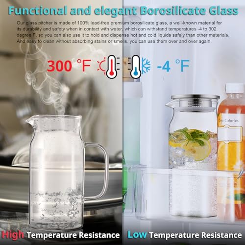 1.2 Liter 40 oz Small Glass Pitcher with Lid and Handle