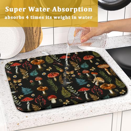 Mushroom Forest Dish Drying Mat Fern Leaves Black Drainer Mat for Kitchen Countertop 16 X 18 Inch (Mushroom - Black / 18" x 16")