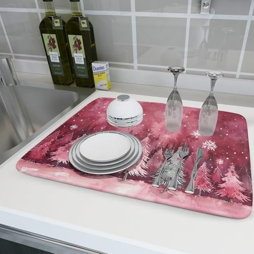 Pine Trees Dish Drying Pad Christmas Decorative Drying Mat Kitchen Essentials Absorbent Dishes Rack Pad 18 X 24 Inch (Snowy Forest 4725 / 24" x 18")