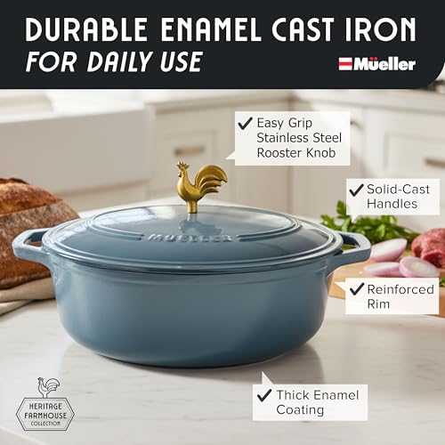 MUELLER HOME 5.5 Quart Enameled Cast Iron Oval Dutch Oven w Rooster Knob & Cotton Potholders (5.5 Quart -Oval / Mineral Blue)