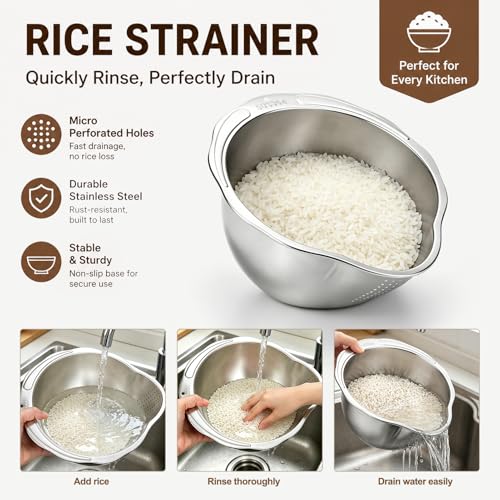 Rice Strainer & Rice Washing Bowl Stainless Steel (5.6 Qt Rice Strainer)
