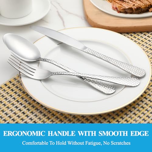 60 Pcs Hammered Silverware Set Service for 12 (Silver)