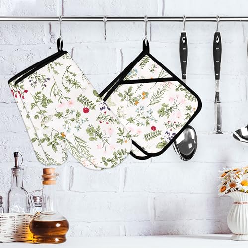 Floral Oven Mitts and Pot Holders Sets Wildflower Oven Gloves Heat Resistant 4 Pcs Pretty Decorative Kitchen Hot Pads and Mitts for Baking Cooking Grilling (White)