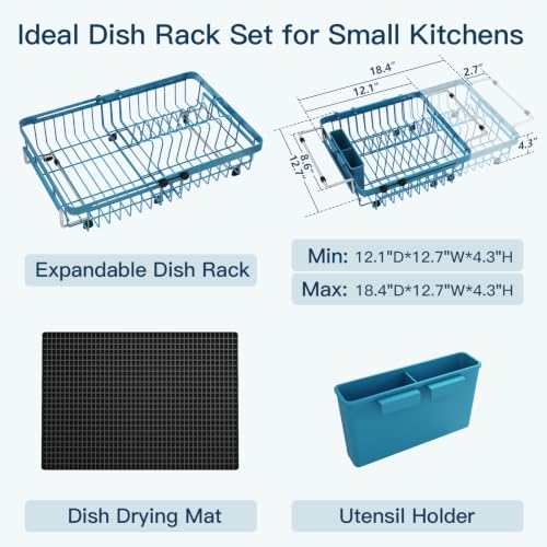 Blue Expandable Dish Drying Rack Over Sink with Extra Drying Mat (Blue / For 13"-30" W Sink with Mat)