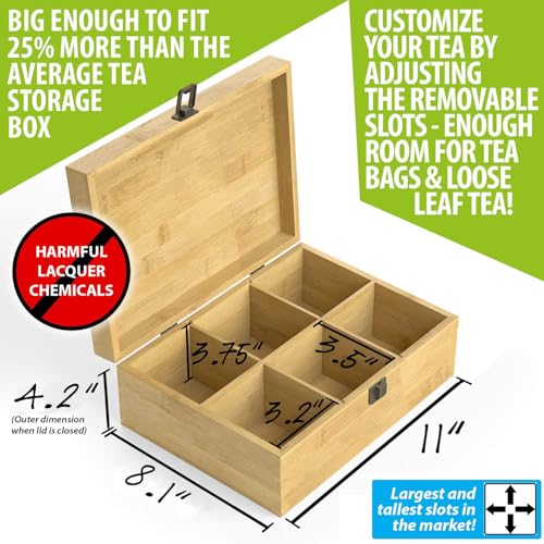 Tea Organizer Box Food Safe Chemical Free Bamboo Wood Storage Chest Big (6-Slot Rectangular / TEA Stamp)