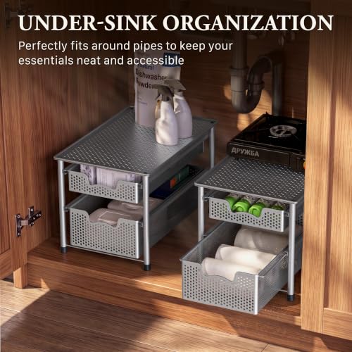 Stackable 2 Tier Sliding Basket Organizer Drawer (2-Tier / Silver)