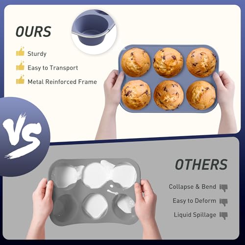 2 Pack 6 Cups Jumbo Muffin Pan with Metal Reinforced Frame Silicone Molds Egg Bites Silicone Circle Cookie Molds Extra Large Muffin Tin Jumbo Tart Pans Baking Sheet Set for Sandwiches (2pc: 6-Cup Jumbo / Morandi Pink and Morandi Blue)