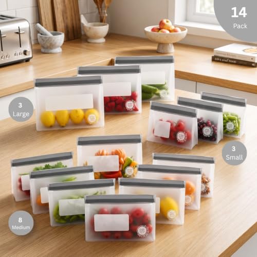 Reusable Food Storage Bags (14 Pack of 3 Large, 8 Medium, 3 Small Bags (Grey))
