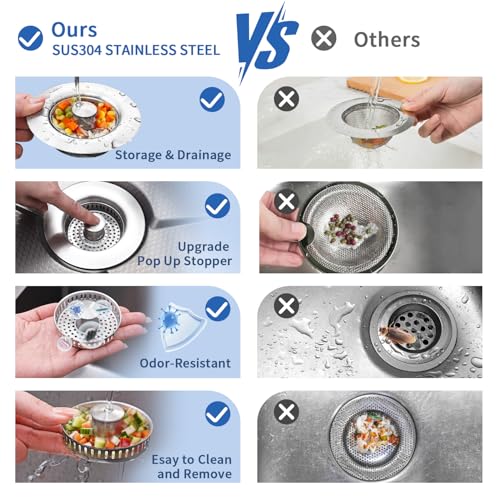 3-in-1 Kitchen Sink Drain Strainer and All-Purpose Scrub Sponges, Sink Stopper Pop-Up Drain Plug with Anti-Clogging Food Catcher Basket, Fits US Standard 3-1/2 Inch Sinks,Sponge Cleaning Dish (Chorme+ Kitchen Dish Towel)