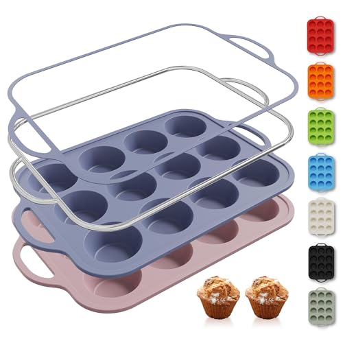 2 Packs 12 Cups Silicone Muffin Pan with Metal Reinforced Frame Regular Size Cupcake Pan Tray Egg Bites Silicone Circle Cookie Molds Muffin Tin Bread Loaf Pans for Homemade Reusable Tart Pans (2pc: 12-Cup Regular / Morandi Pink & Morandi Blue)