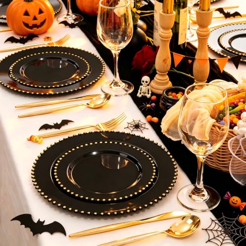 100pcs Black Plastic Plates with Gold Beads for Wedding Party (Black and Gold Plastic Plates / 100PCS)