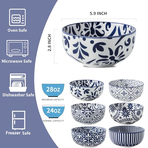 Soup Bowls 28 Ounce Ceramic Cereal Bowls Set of 6 (Assorted Mix)