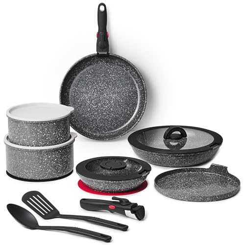 16pcs Aluminium Nonstick Pots and Pans Set from France with detachable Handle (Ash Grey / 16 Piece)