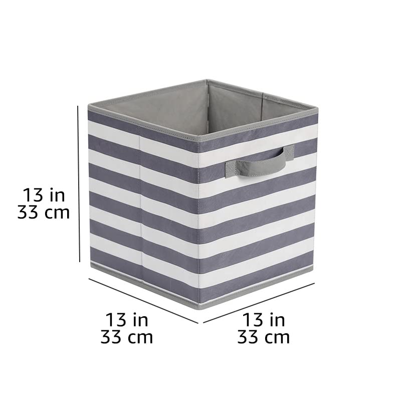 Collapsible Fabric Storage Bins with Handles (White/ Light Grey Stripe / 13"x13"x13")