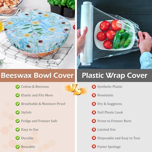 5Pcs Reusable Beeswax Elastic Bowl Covers for Bread Proofing and Food Cover (Rainbow Floral)