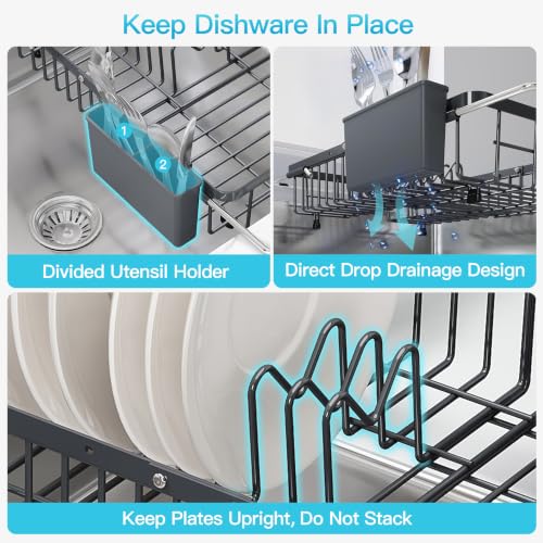 Gray Dish Drying Rack Over the Sink with Utensil Holder (Dark Gray / For 12.5"-30"w Sink, Expandable)