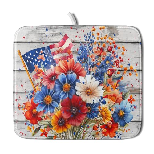 4th of July Dish Drying Mat 16x18 inch Patriotic Floral Fast Dry Microfiber Reversible Dish Drainer Rack Pad Kitchen Counter Accessories (Patriotic Floral / 16" x 16")