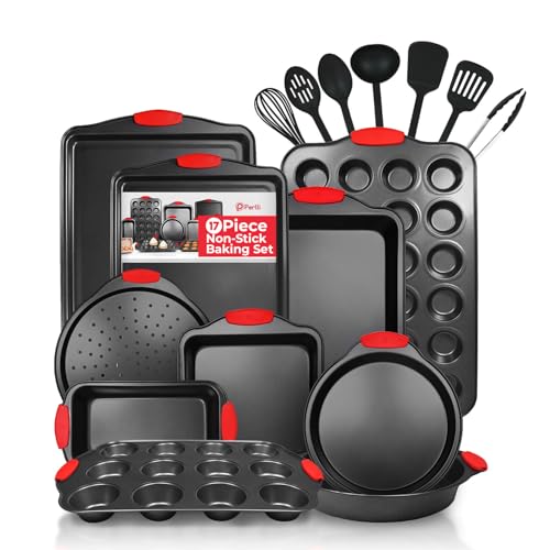 Non-Stick 17-Piece Baking Pan Set, BPA-Free Carbon Steel Bakeware Set with Silicone Handles, Stackable Kitchen Oven Set, Cookie Sheet, Baking Tray, Baking Sheet Set, Utensils, Oven Safe (446°F) (17 Piece)