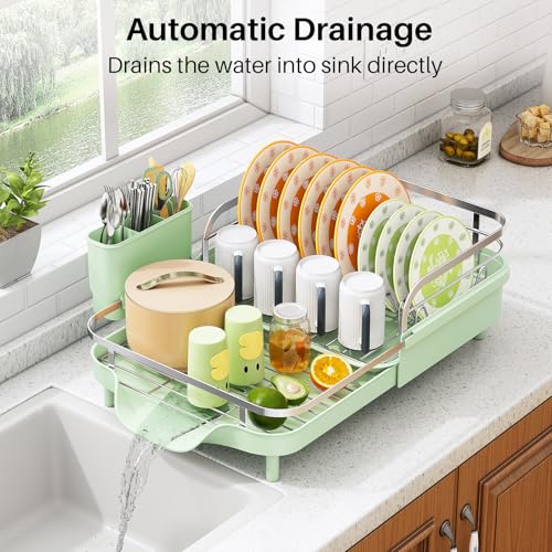 Expandable Dish Drying Rack for Small Kitchen Counter (Green)