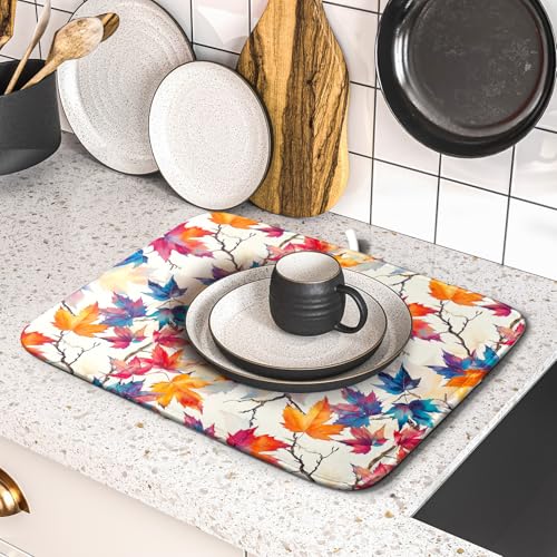 Maple Leaf Dish Drying Mat Fall Autumn Colorful Leaves Absorbent Dish Drain Mats for Holiday Season Kitchen Decoration (Maple Leaf 606 / 18" x 16")