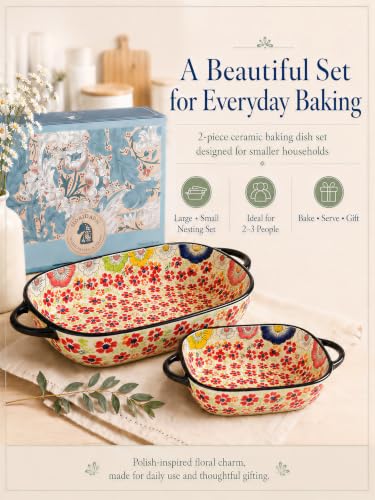 2 Piece Polish Pottery Style Ceramic Baking Dish Set (Coral Confetti)