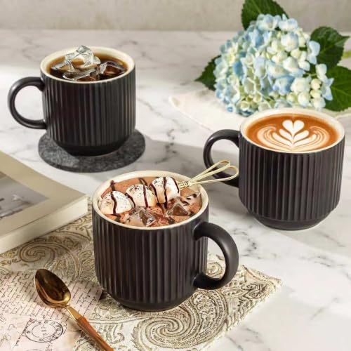 Coffee Mug Ceramic Set of 4 with Stand (Matte Black / 15 Ounces)