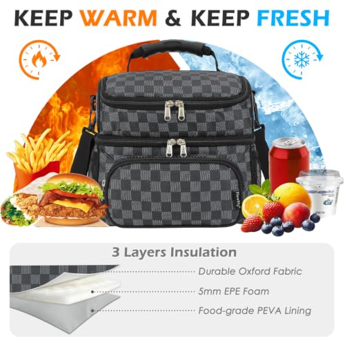 Double Layer Cooler Insulated Lunch Bag Adult Lunch Box Large Tote Bag for Men (PlaidBlack)