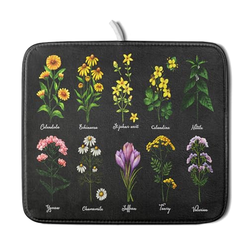 Black Flower Herbs Dish Drying Mat 16x18 Inch Botanical Floral Microfiber Drying Mats with Hanging Loop Foldable Absorbent Dish Drainer Rack Pad (Black Flower Herbs / 16" x 18")