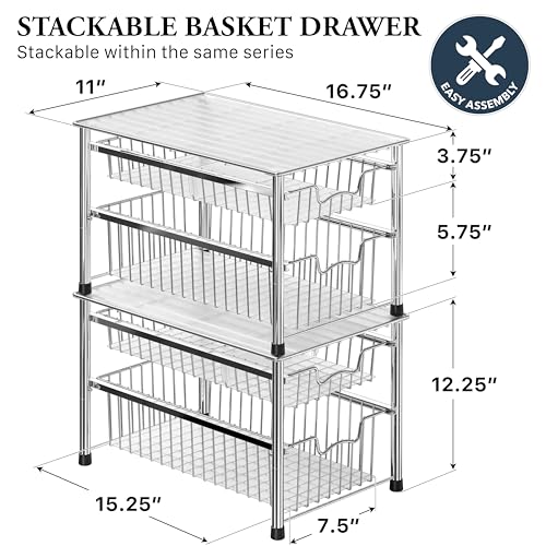Stackable 2 Tier Sliding Basket Organizer Drawer (2-tier / Chrome)