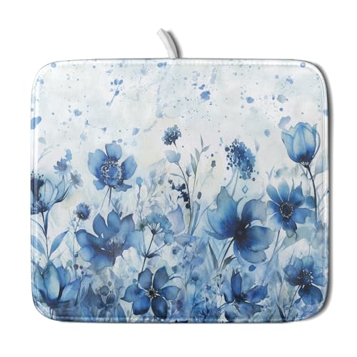 Blue Floral Dish Drying Mat for Kitchen Counter Watercolor Leaves Dishes Drainer Rack Mat Absorbent Microfiber Dish Draining Pad 16x18 Inch (Watercolor Blue Floral / 16" x 18")
