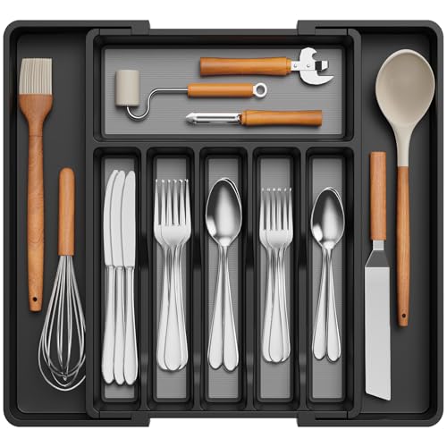 Extra Large Silverware Drawer Organizer (Black&Gray / XL Deep (13-22''W x 16.7''D))