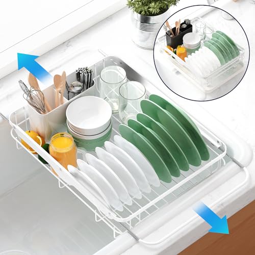 Dish Drying Rack for Kitchen Counter (White / 12.2''W x 15.7''~23''L - 1 Tier)