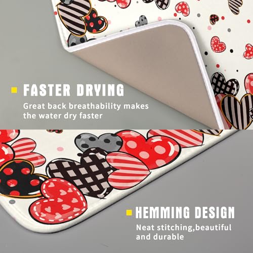 Red Heart Dish Drying Mat 16"x18" Love Dots Microfiber Dish Drainer Rack Mat Holiday Absorbent Fast Dry Pad for Kitchen Counter Home Decor (Heart Dots / 16" x 18")
