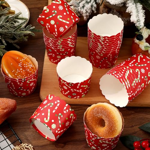 100Pcs Christmas Paper Baking Cups Red Green Candy Cane Cupcake Wrappers Scalloped Edge Cupcake Muffin Cases for Xmas Winter Holiday Party Dessert Decoration (Christmas Candy Cane)