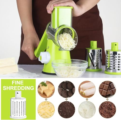 Rotary Cheese Grater Hand Crank Cheese Shredder for Fresh Cheese (3 BLADES / Green)