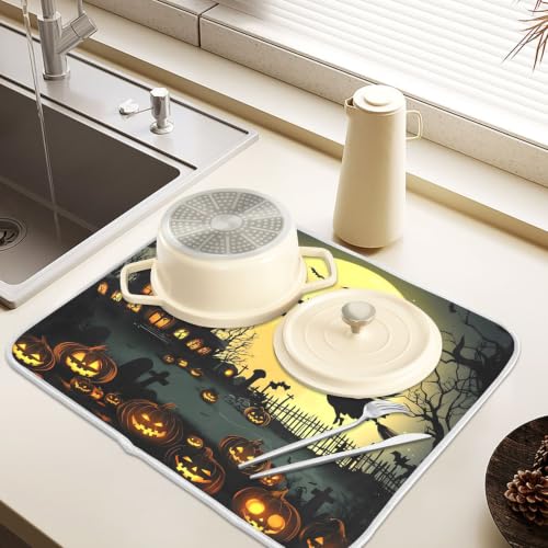 Halloween Night Pumpkins Witch Dish Drying Mat for Kitchen Counter Absorbent Microfiber Large Drying Pad Dish mats for Kitchen Countertops 18 x 24 Inch (Halloween Night / 24" x 18")