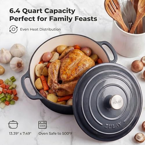 6.4QT Enameled Cast Iron Dutch Oven Pot with Lid (Gray / 6.4 Quart)
