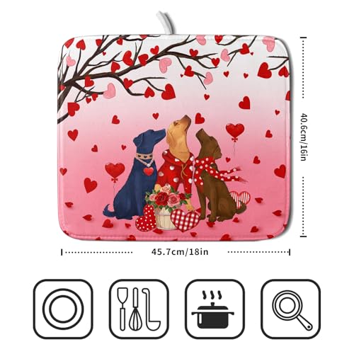 Love Dog Dish Drying Mat 16"x18" Red Heart Microfiber Dish Drainer Mat Hanging Loop Absorbent Fast Dry Pad Kitchen Counter Bar Accessories (Love Dogs / 16" x 18")