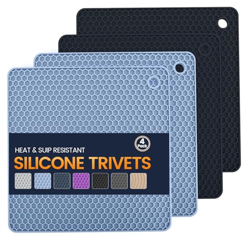 Silicone Trivet Mats 4 Heat Resistant Pot Holders Multipurpose Non (Black Nordic Blue)