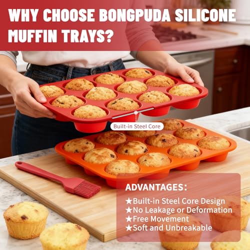 Silicone Muffin Pan with Metal Reinforced Frame (2PCS with Steel Core: Orange + Red (2.9”))